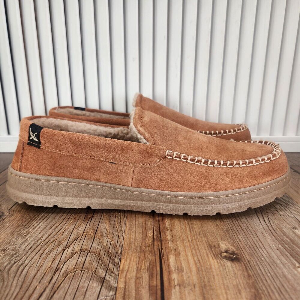 Eddie Bauer Loudon Men Sz 9.5 - 10.5 L Brown Suede Memory Foam Faux Fur Slippers